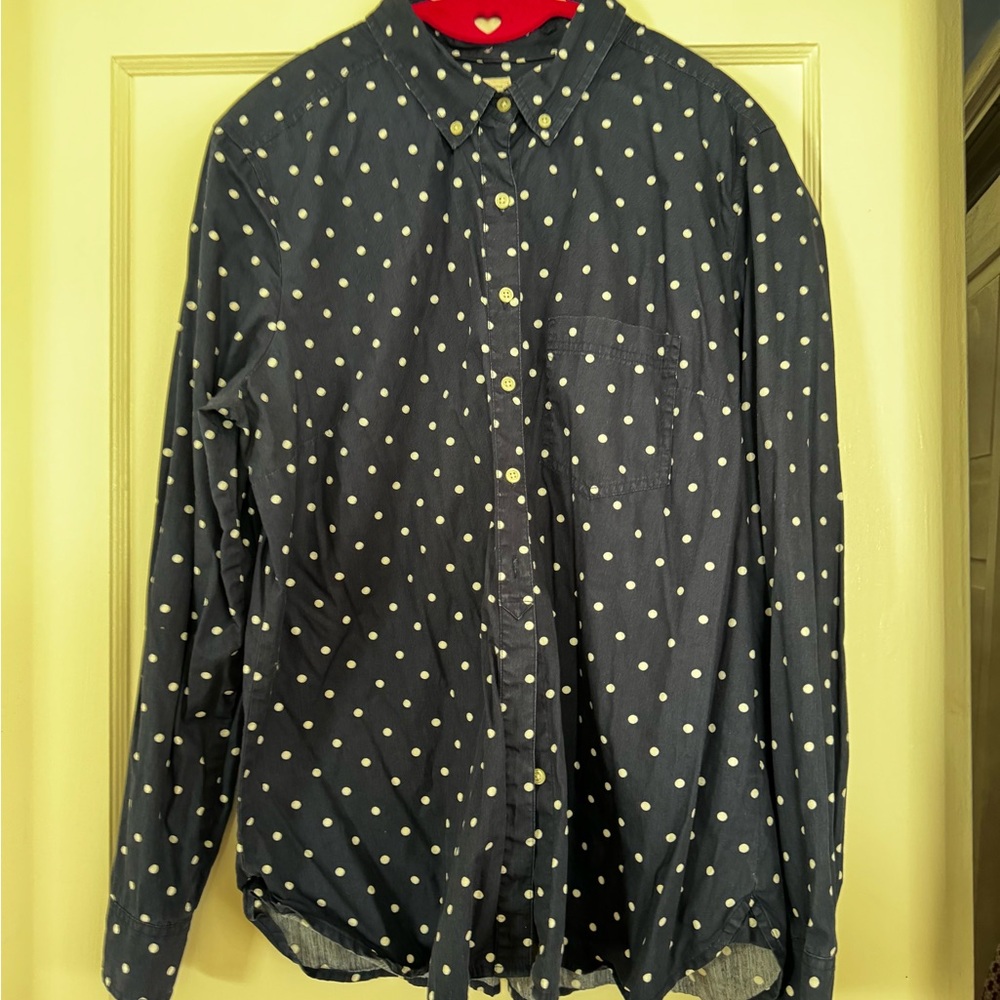 Gap Shrunken Boyfriend Navy Polka Dot Button-Up Shirt